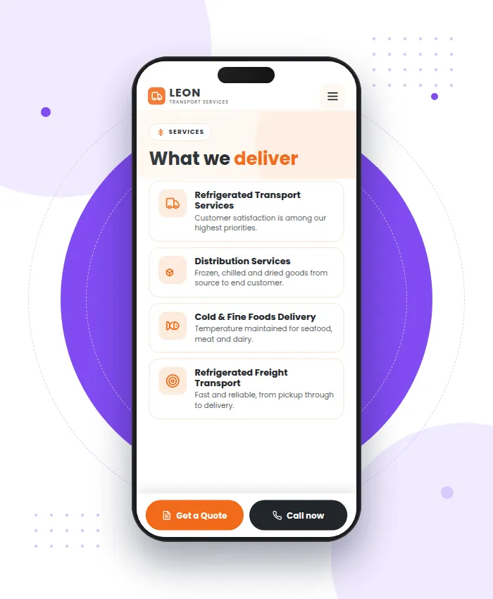 Leon Transport Services: sección Servicios en versión móvil