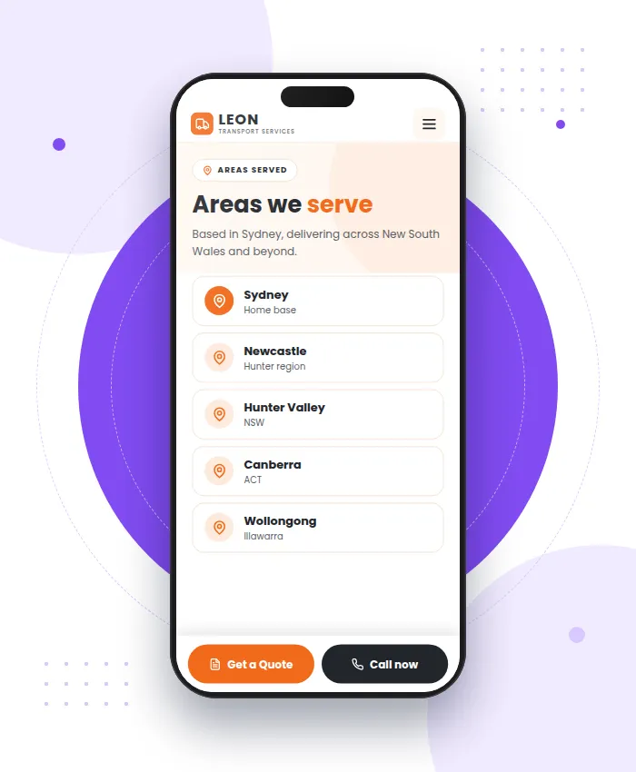 Leon Transport Services: sección Zonas en versión móvil