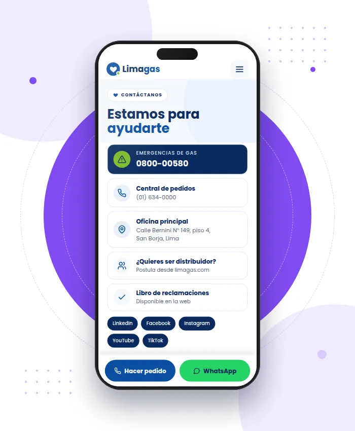 Limagas: sección Contacto en versión móvil