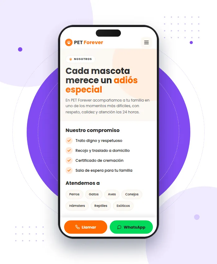 PetForever: sección Nosotros en versión móvil