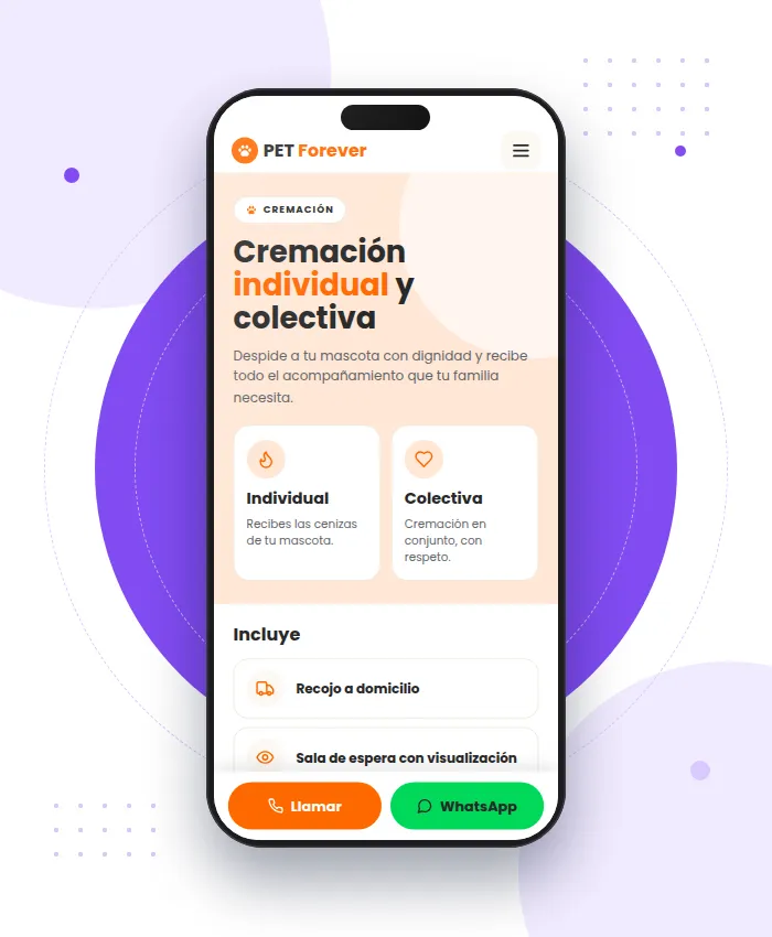 PetForever: sección Cremación en versión móvil