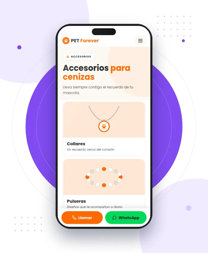 PetForever: sección Accesorios en versión móvil