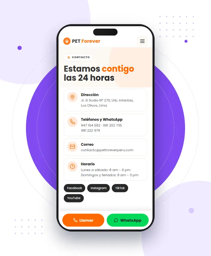 PetForever: sección Contacto en versión móvil