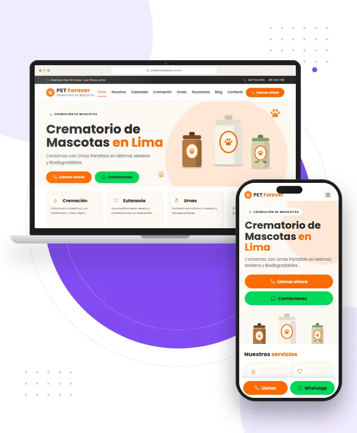 PetForever: página principal del sitio web de cremación de mascotas en Lima